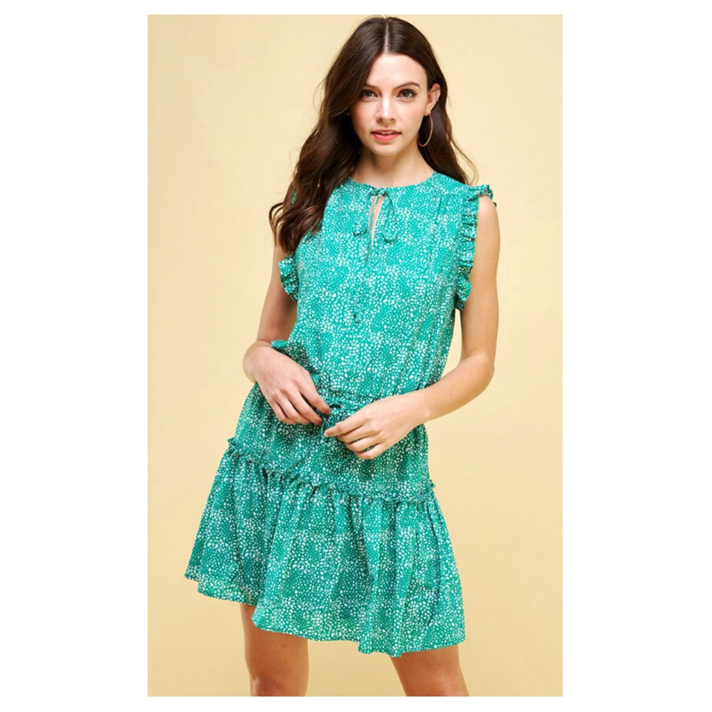 Bright Emerald Green Tiered Ruffle Hem Dress with Ruffle Sleeve Trim & Drawstring Waist - James Ascher Bright Emerald Green Tiered Ruffle Hem Dress with Ruffle Sleeve Trim & Drawstring Waist - James Ascher