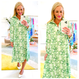 Green & Ivory Leaf Print Button Front Collared Dress