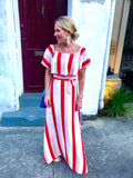 Red White Stripe On OR Off the Shoulder Maxi Dress with Waist Tie