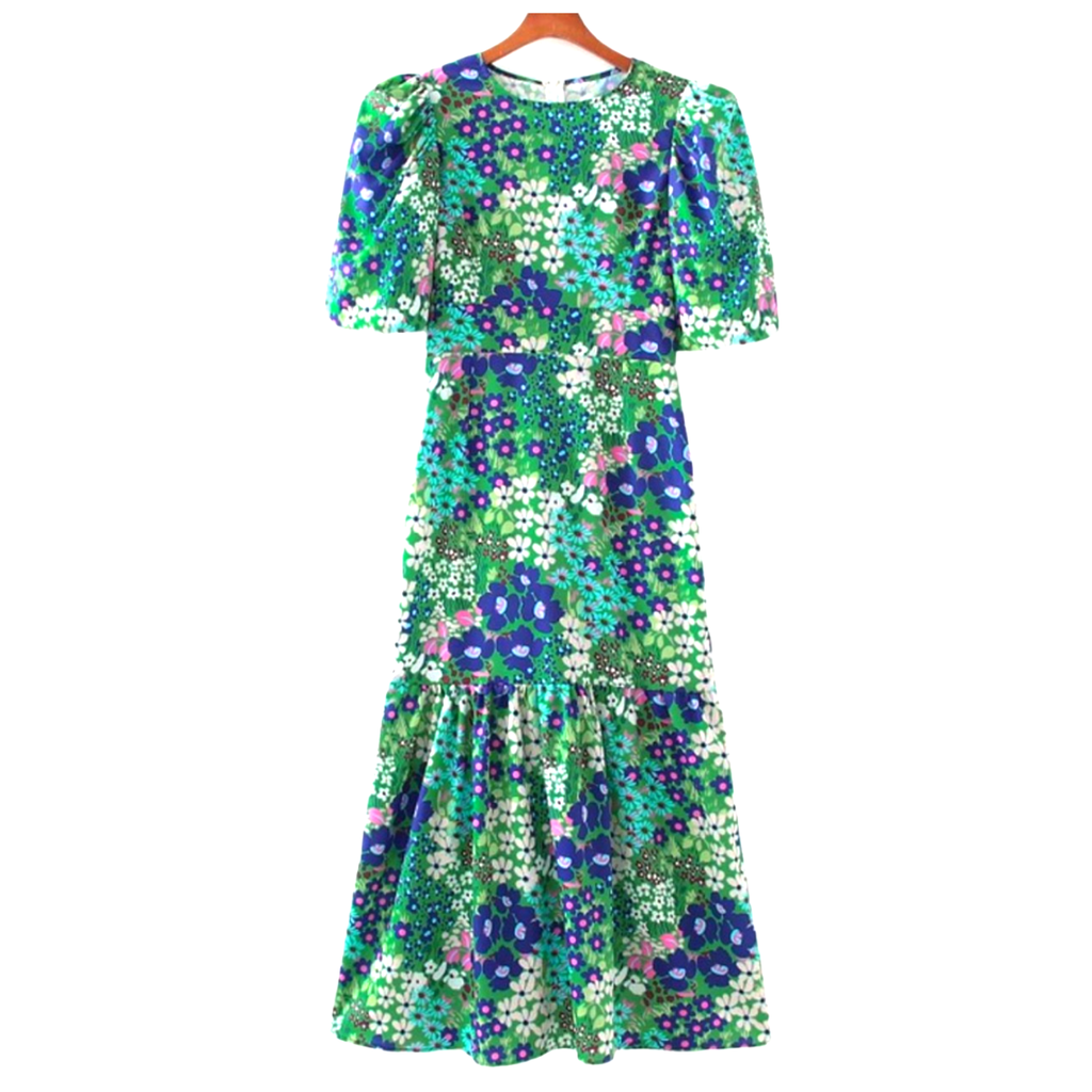 Green Vintage Floral Puff Sleeve Harriette Dress - James Ascher