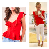 Bright Red Tiered Ruffle Peplum Top with Ruched Bust & Banded Waist