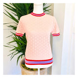 Baby Pink Open Knit Short Sleeve Sweater with Lavender & Poppy Red Banded Trim
