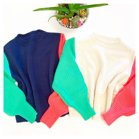 Navy or Ivory + Coral Pink & Green Color Block Sweater