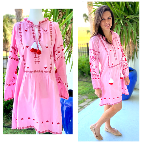 Pink & Red Embroidered Isa Dress