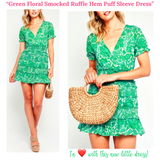 Green Floral Smocked Ruffle Hem Puff Sleeve Dress
