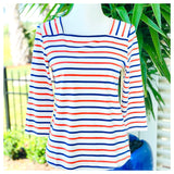 White Deep Coral & Blue Stripe Square Neck 3/4 Sleeve Knit Top