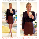 Burgundy PU Leather Scalloped Hem A-Line Skirt