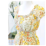 Green Pink & Yellow Floral Print Smocked Waist Dress with Ruched Sweetheart Neckline