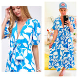 Azure Blue & White Puff Sleeve Resort Dress with Bow Front