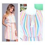 Rainbow Stripe & Metallic Silver Lurex Sleeveless Dress with Tassel Tie & Pockets