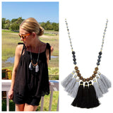 Black and Grey Tassel Necklace On Wood & Bead Chain
