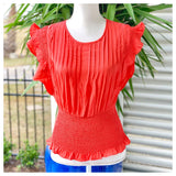 Deep Coral Pleated Ruffle Sleeve Top with Smocked Waist & Keyhole Back