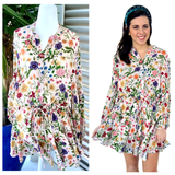 Off White Multicolor Floral Swing Dress with Drawstring Waist