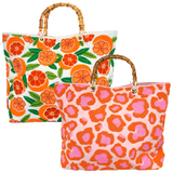 Hand Beaded Bamboo Totes in Leopard & Citrus with Gold Feet