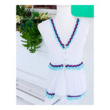 White Sleeveless Button Down Embroidered Kaftan Dress or Coverup with Turquoise Fringe Hem