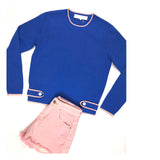 Royal Blue Knit Crewneck Sweater with Pink Contrast Trim & Sailor Button Accents