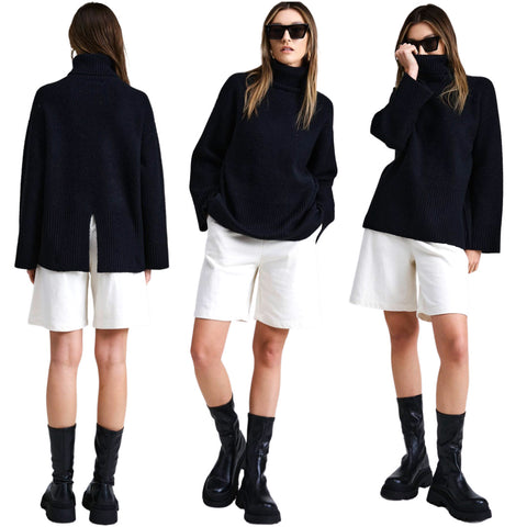 Black Split Back Seine Sweater