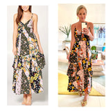 Black Floral Multi Tier Rayon Challis Midi Dress with Black Contrast Piping & Smocked Back