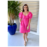 Azure Blue, RED or PINK Puff Sleeve Poplin Dress with Smocked Back