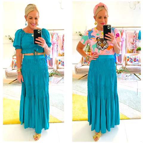 Teal Linen Matching Maxi Skirt & Adjustable Tie Top