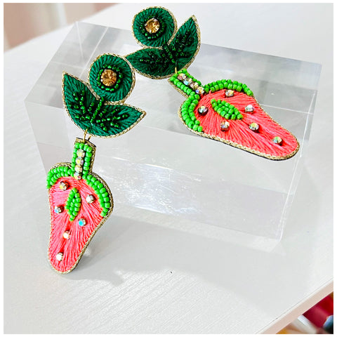 Handmade Beaded & Rhinestone Strawberry Earrings
