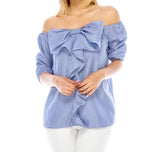 Blue White Pinstripe 1/2 Sleeve Off OR On the Shoulder Top with Cascading Bow