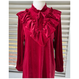 Red Velvet Shirred Ruffle Joyful Dress with Keyhole Back