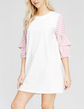Baby Blue or Light Pink Gingham 3/4 Ruffle Sleeve Knit Dress
