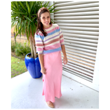 Ivory Lavender Pink & Blue Fine Knit Summer Weight Short Sleeve Sweater with Basketweave Contrast