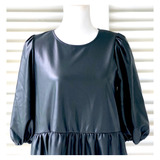 Black or Ivory LEATHER Puff Sleeve Dress with Tiered Ruffle Hem, POCKETS & Keyhole Back