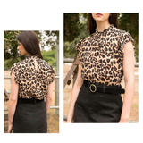 Leopard Print Short Sleeve Mock Ruffle Neck Top with Keyhole Back