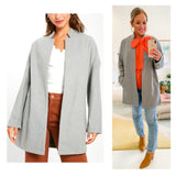 Light Grey Textured Felt Open Front Jacket with Stand Collar & Pockets
