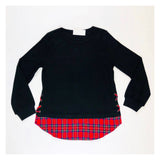 Black Knit Top with Tartan Shirttail Contrast & Faux Lace Up Sides