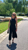 Black Cropped Halter Jumpsuit with Very Subtle Lace Fringe Hem & Bow Keyhole Back (Looks like a dress until you walk!)