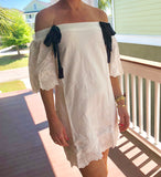 White Eyelet Scallop Hem Off the Shoulder Dress with Navy Grosgrain Ribbons
