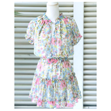 Designer Inspired Blue Pink Green Floral Ruffle High Low Hem Puff Sleeve Chiffon Dress