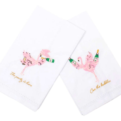 Embroidered Flamingo Bar Cart or Guest Towels