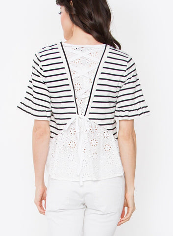 Navy White Stripe Bell Sleeve Top with Eyelet Corset Back Detail