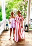 Red White Stripe On OR Off the Shoulder Maxi Dress with Waist Tie