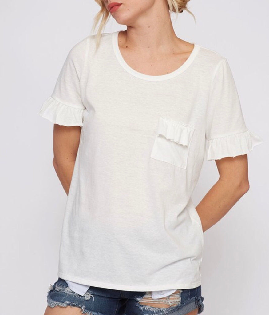 White t-Shirt with Ruffle Sleeves & Chest Ruffle Patch - James Ascher