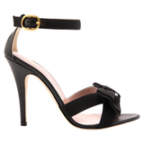 Black Napa Leather Greta Heels with Grosgrain Ribbon  Bow & ankle Strap, Handmade in Italy