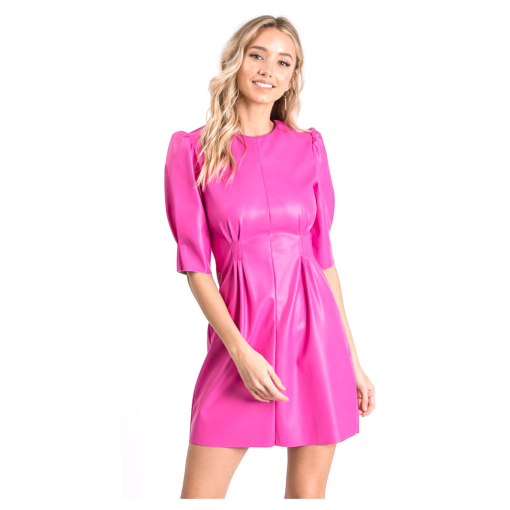 Hot Pink Puff Sleeve PU Leather Shift Dress with Shirred Front - James Ascher Hot Pink Puff Sleeve PU Leather Shift Dress with Shirred Front - James Ascher