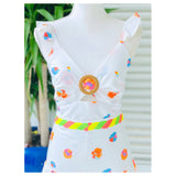 White & Neon Floral Print Matching Set: Ruffle Hem Maxi Skirt + Ruffle Sleeve Top