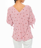 Red Stripe V-Neck Cherry Print Top with Tie Sleeves and V-Cut Back - FINAL SALE -