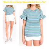 Blue & Green Stripe Smocked Bell Sleeve Tee