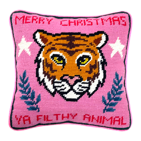 Needlepoint “Merry Christmas Ya Filthy Animal” Pillow with Velvet Back