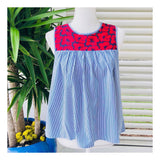 Blue White Pinstripe Poppy Lace Embroidered High Low Sleeveless Blouse with Keyhole Back