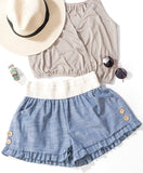 Chambray Ruffle Shorts with Buttons + Pockets & Cream Contrast Elastic Waist