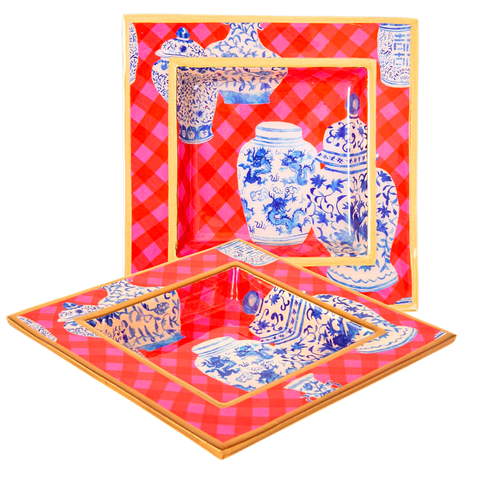 Hand Painted Charlotte Gingham Enameled 6x6 Chinoiserie Tray
