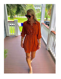 Terracotta 3/4 Sleeve OR Long Sleeve Button Down Shirtdress with Tie Waist